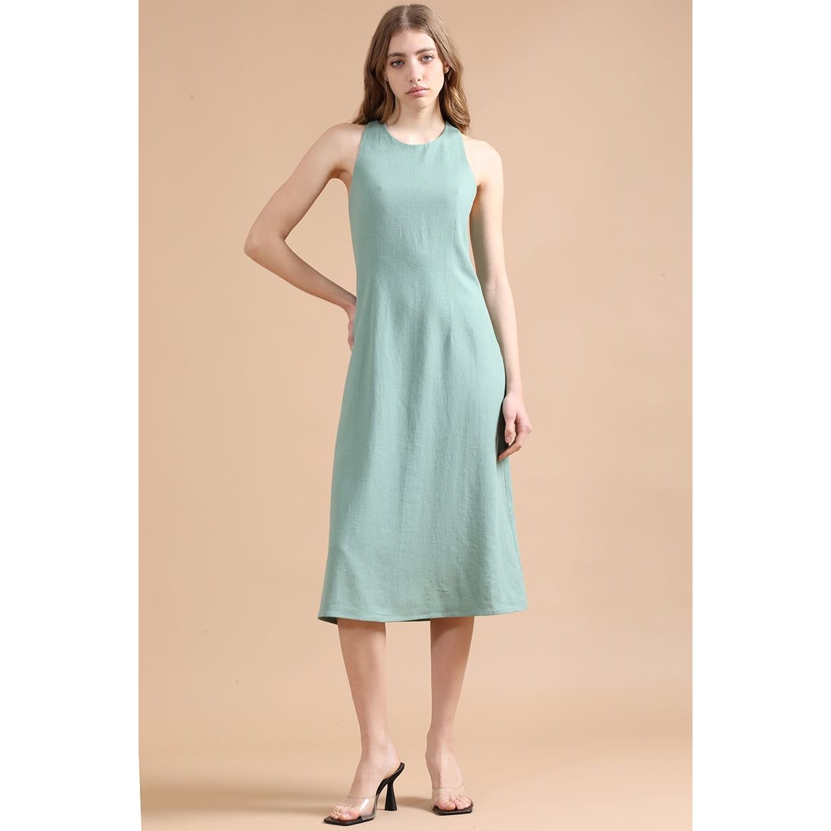 LIOLA - Vestido Largo Con Lino, Verde Liola