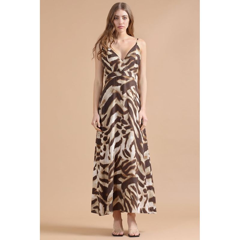LIOLA - Vestido Midi Con Lino, Animal Print, Café Liola