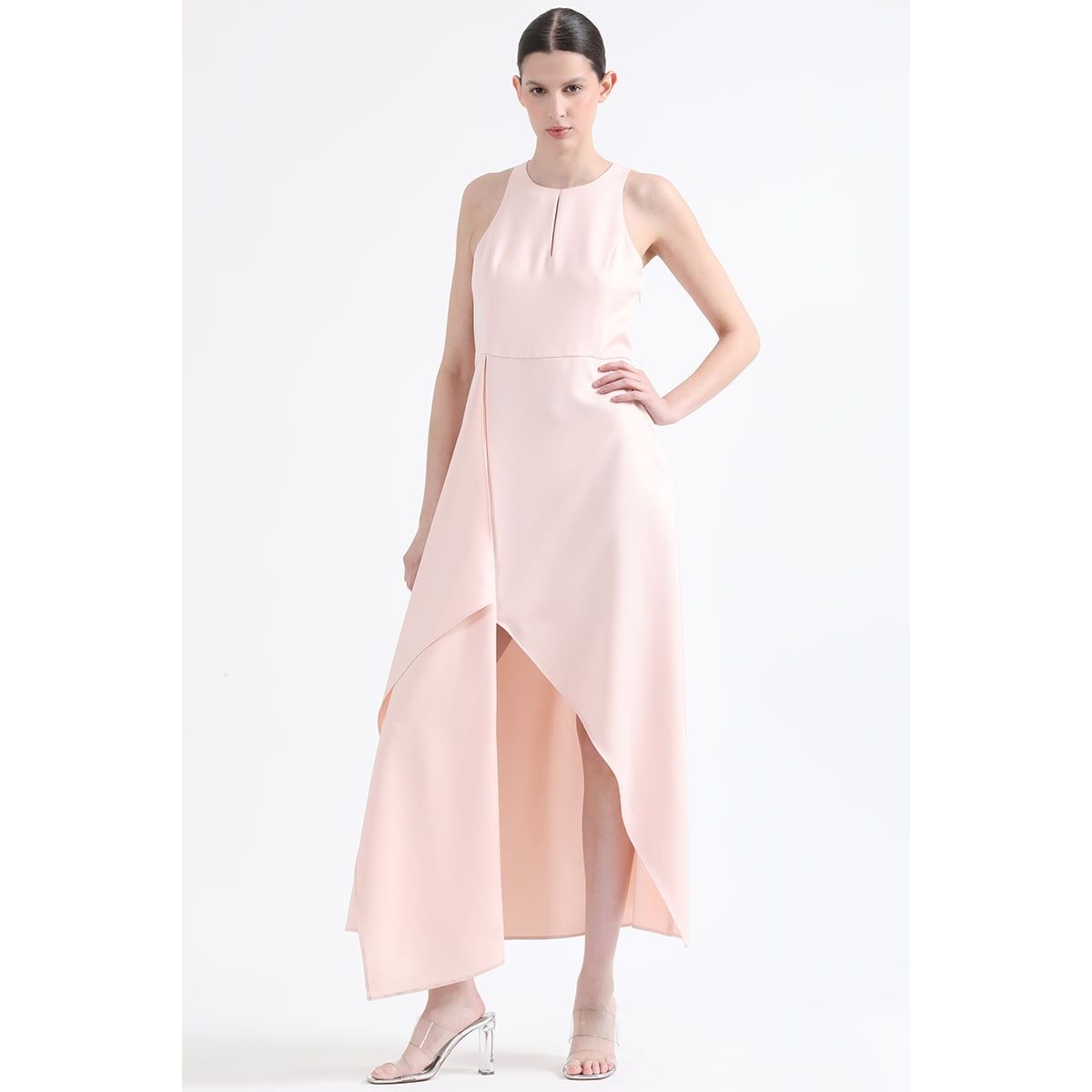 LIOLA - Vestido Maxi, Rucha Asimetrica, Rosa Liola