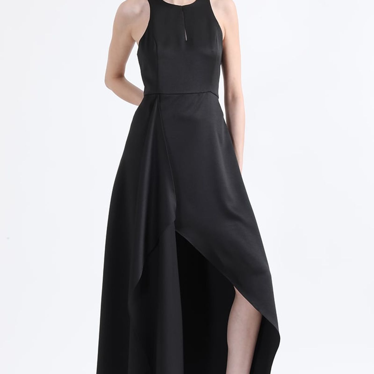 LIOLA - Vestido Maxi, Rucha Asimetrica, Negro Liola