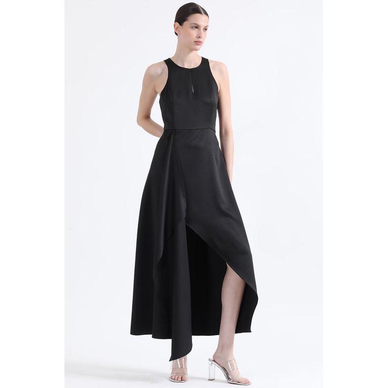 LIOLA - Vestido Maxi, Rucha Asimetrica, Negro Liola
