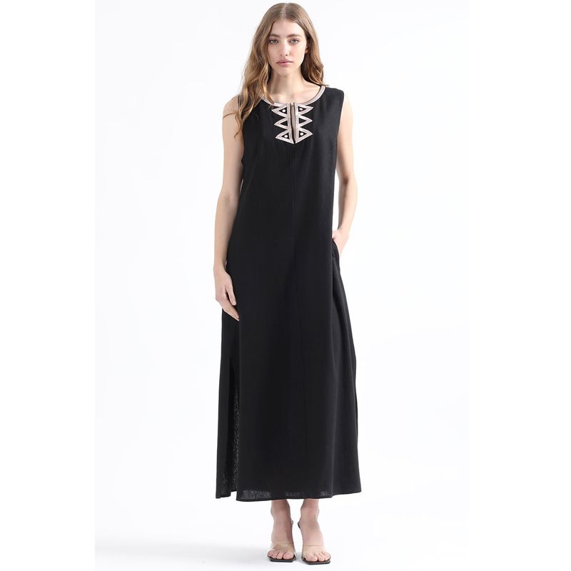LIOLA - Vestido Maxi Con Lino, Bordado, Negro Liola