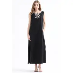 LIOLA - Vestido Maxi Con Lino, Bordado, Negro