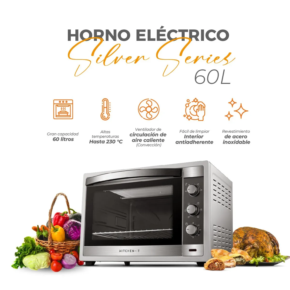KITCHEN IT - Horno Eléctrico Kitchen it Silver Series 60L
