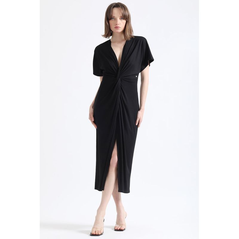 LIOLA - Vestido Largo Cruce Frontal, Negro Liola