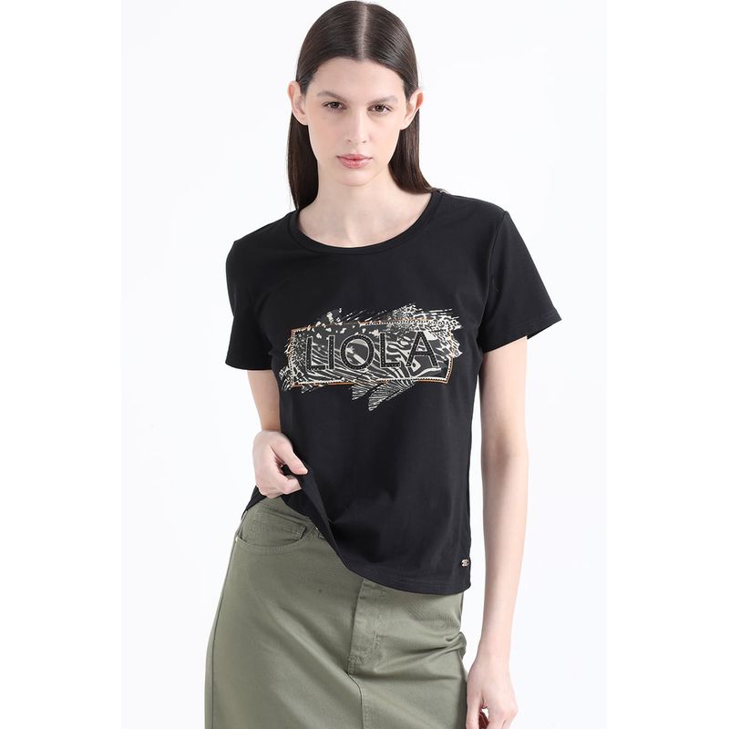 LIOLA - Polera Algodon Spandex Logo Liola Animal, Negro Liola