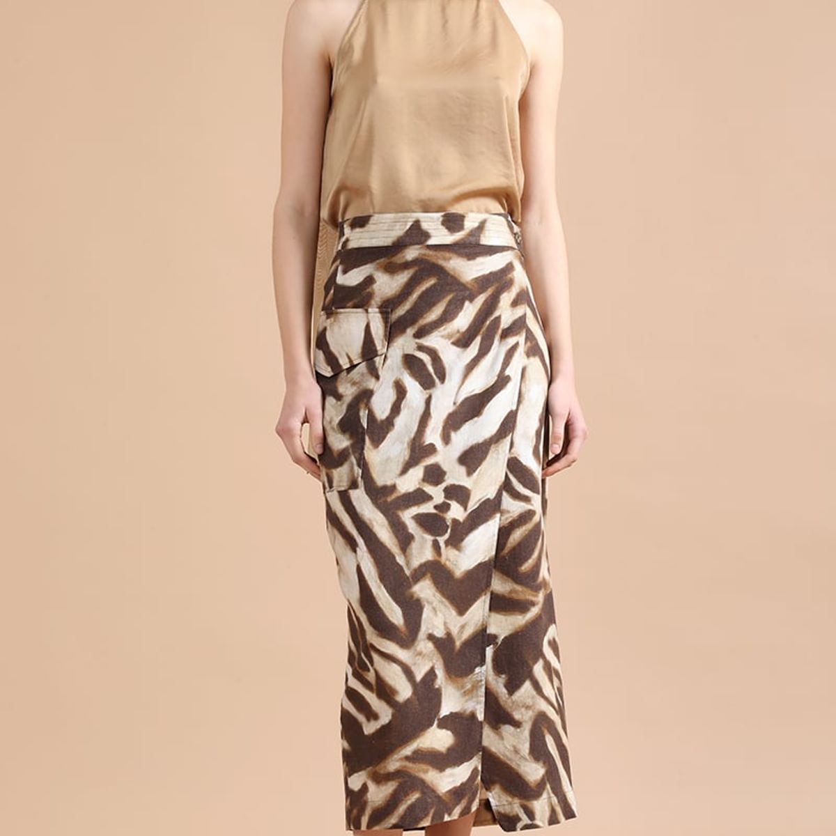 LIOLA - Falda Midi Con Lino, Animal Print, Café Liola