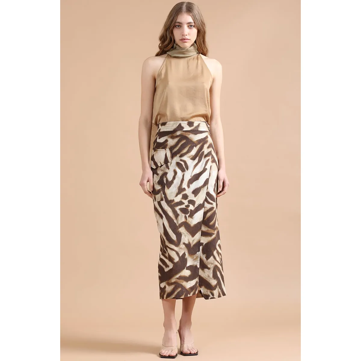 LIOLA - Falda Midi Con Lino, Animal Print, Café Liola