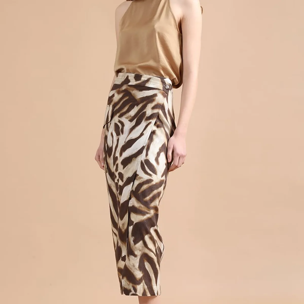 LIOLA - Falda Midi Con Lino, Animal Print, Café Liola