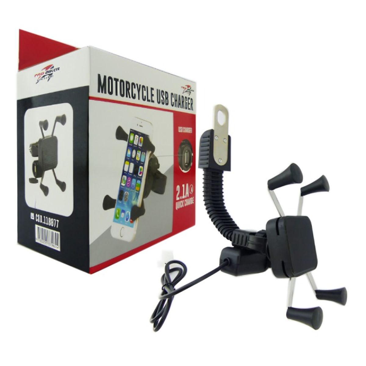 OEM - PORTA SMARTPHONE CON BRAZO PARA ESPEJO DE MOTO CON USB 21A