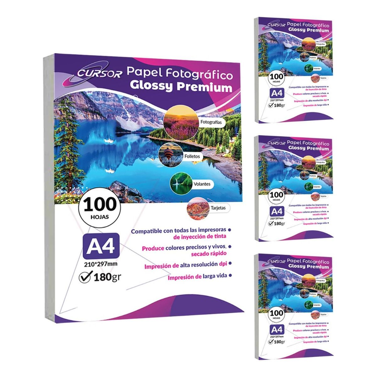 CURSOR - Pack 400 Hjs Papel Fotográfico Glossy A4 180gr