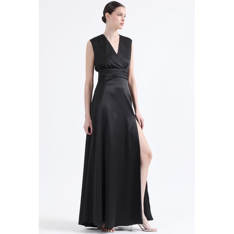 LIOLA - Vestido Maxi Alforzas, Satin, Negro Liola