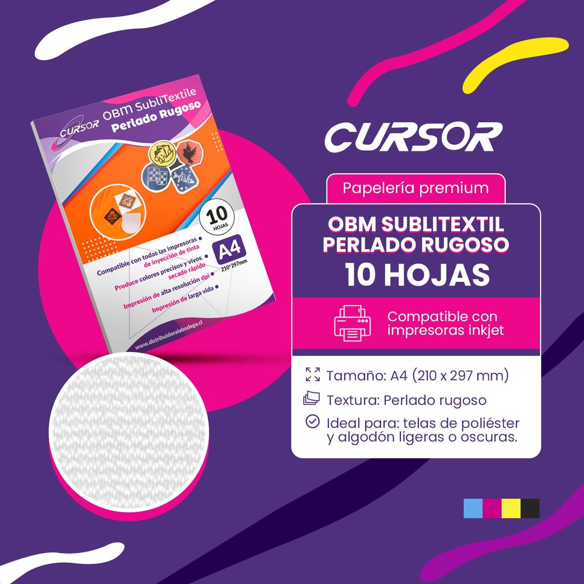 CURSOR - Papel Obm Sublitextil Perlado Rugoso 10 Hojas A4