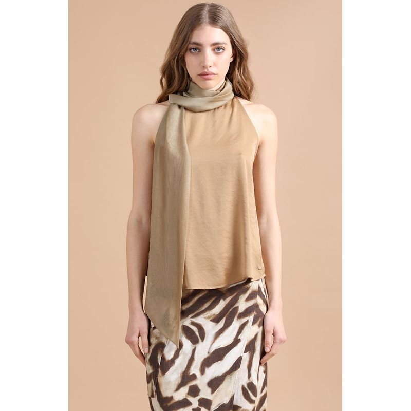 LIOLA - Top Satin Fluido Con Lazada En Cuello, Café Liola