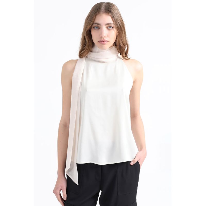 LIOLA - Top Satin Fluido Con Lazada En Cuello, Crudo Liola