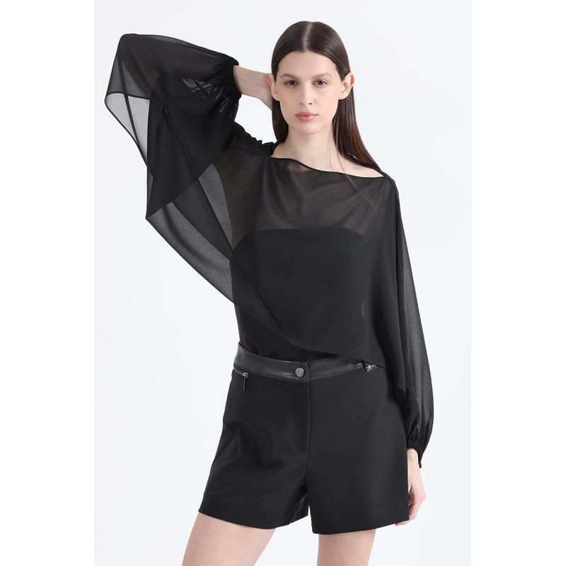 LIOLA - Blusa Cropped Gasa Doble, Negro Liola