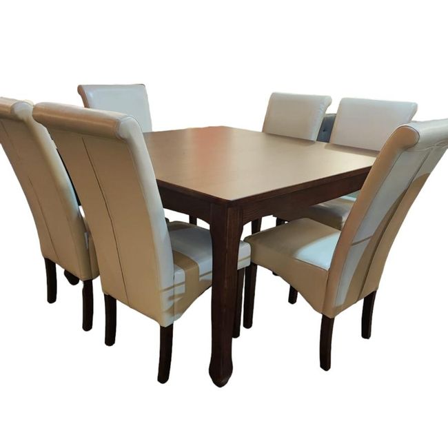 SPAZZIO - Comedor mesa Retro cuadrada café mate + 6 sillas Bocaccio pu beige