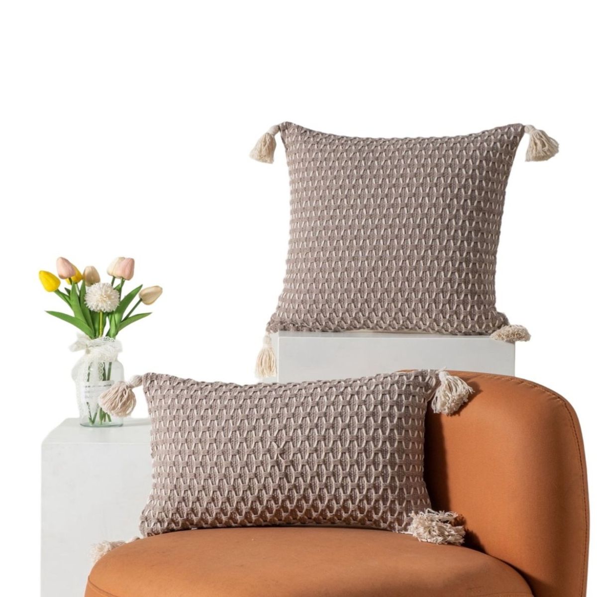 GENERICO - Pack 4 Fundas de Cojín Estilo Croché-Marrón