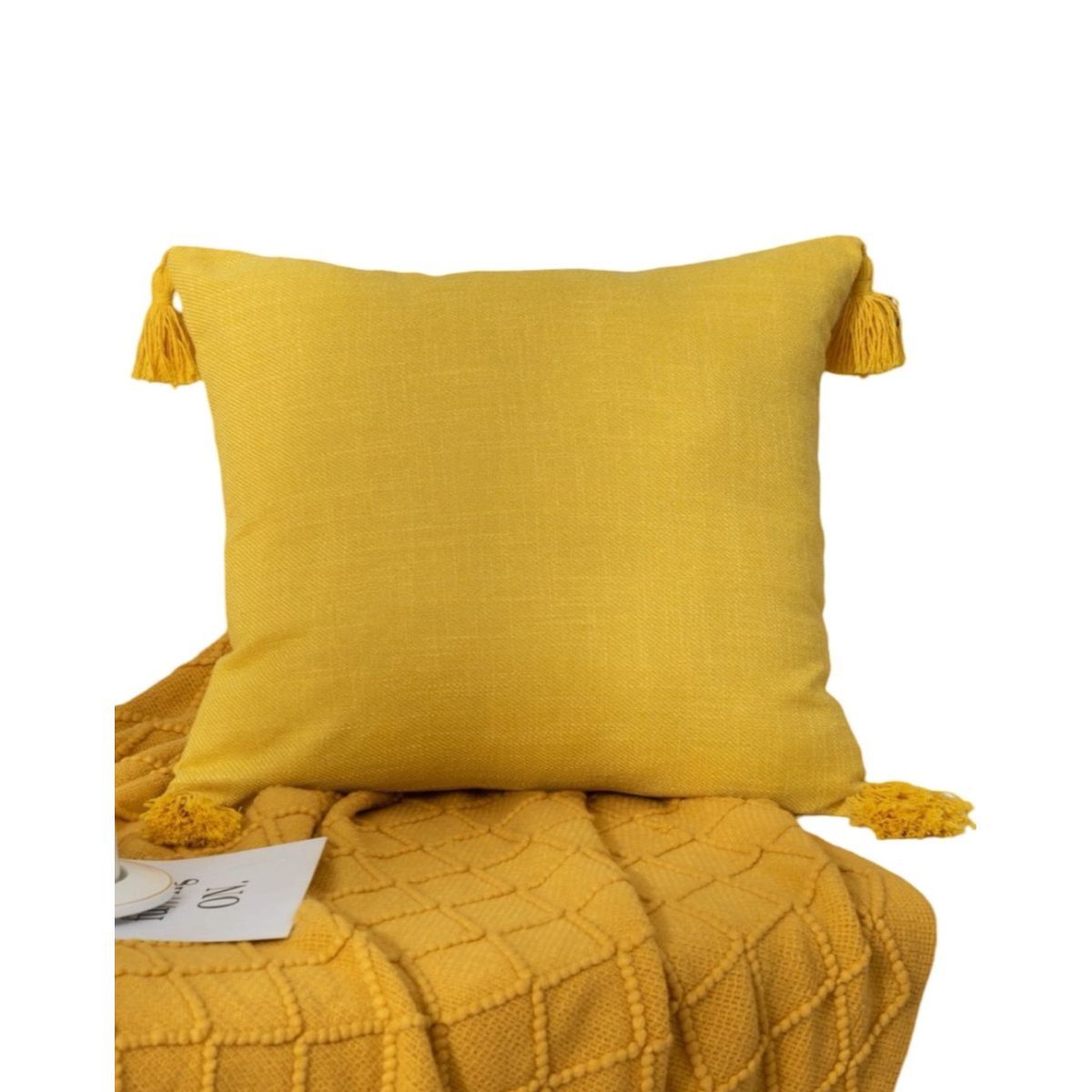 GENERICO - Par de Fundas de Cojín de Lino con Pompones-Mostaza