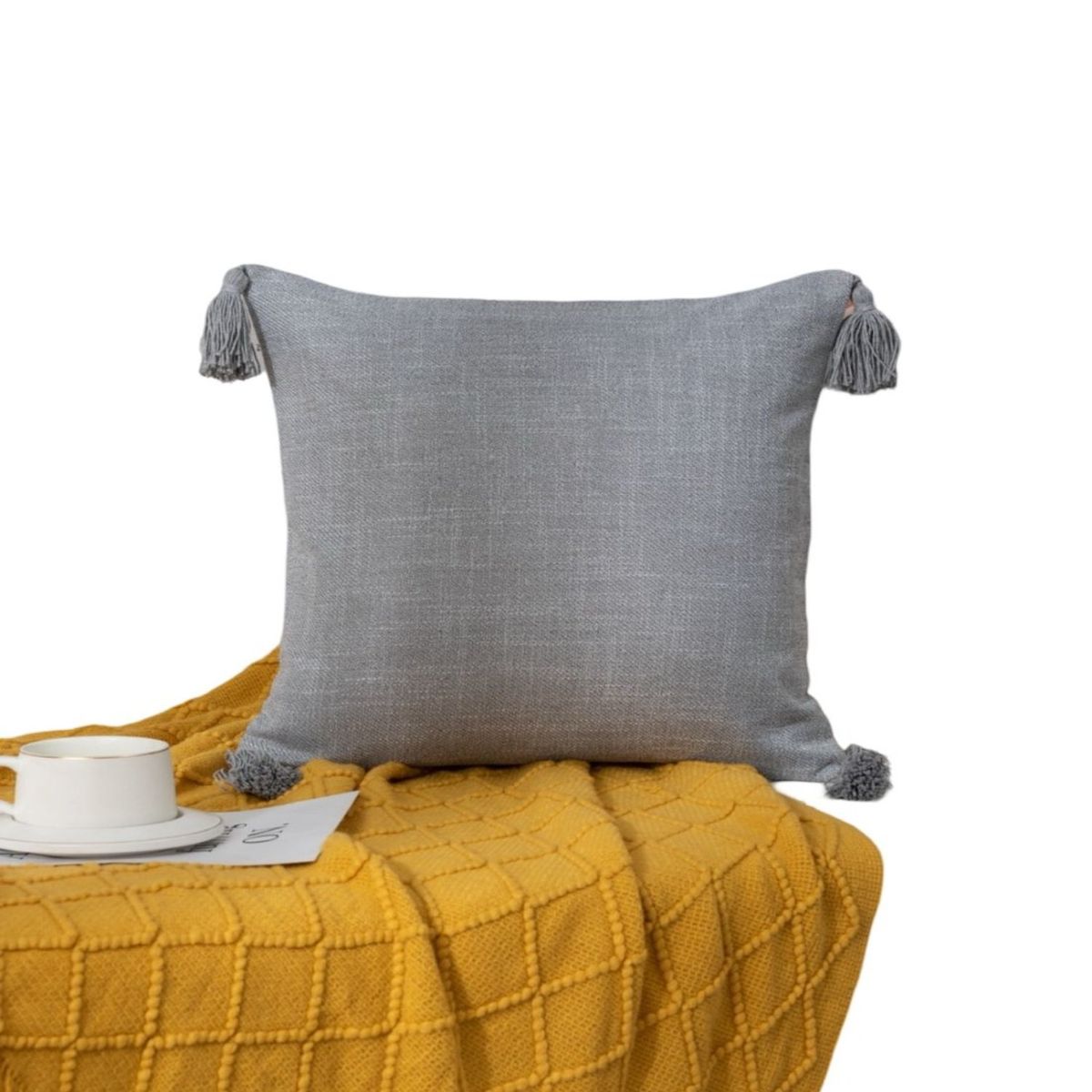 GENERICO - Pack de 4 Fundas de Cojín de Lino con Pompones-Gris
