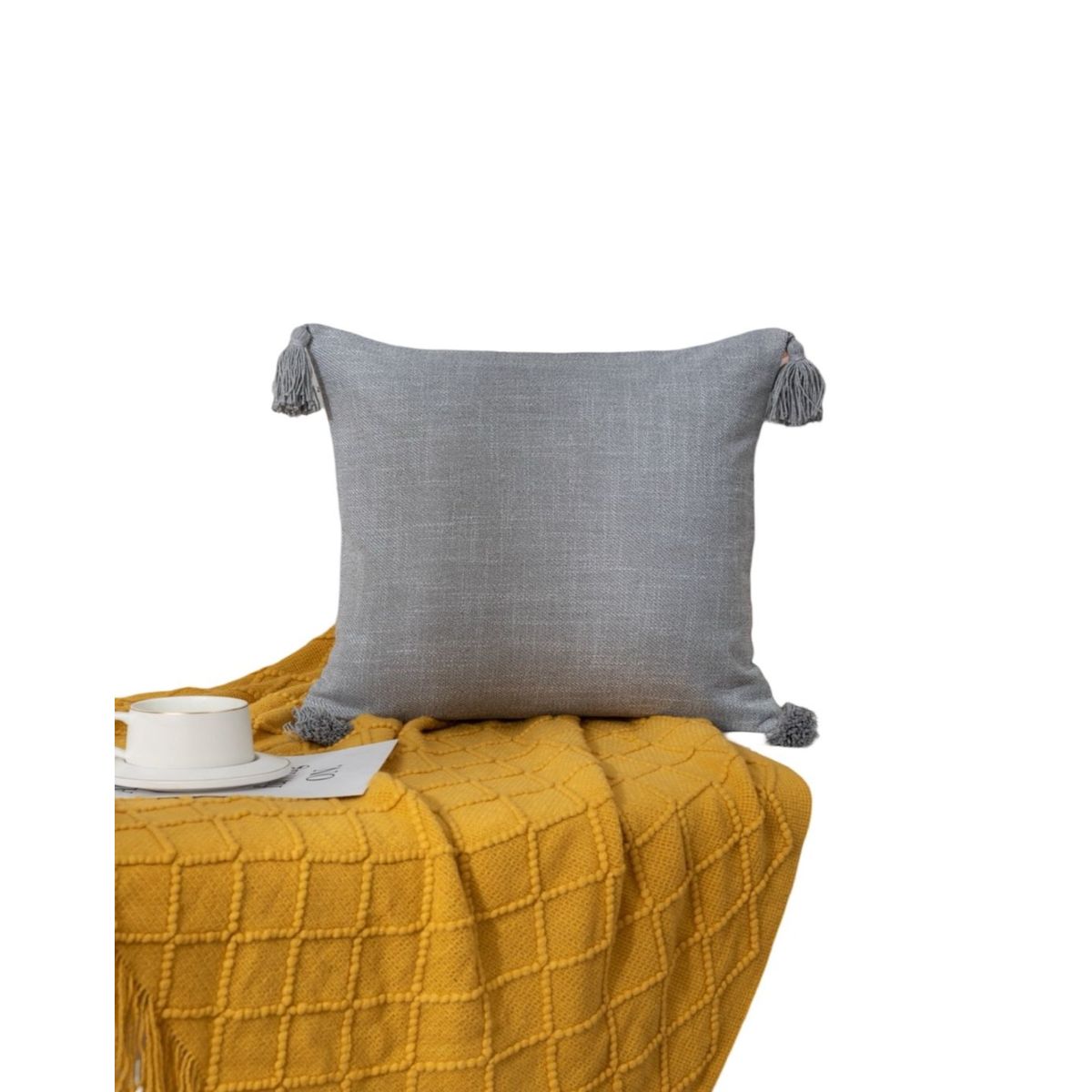 GENERICO - Pack de 4 Fundas de Cojín de Lino con Pompones-Gris