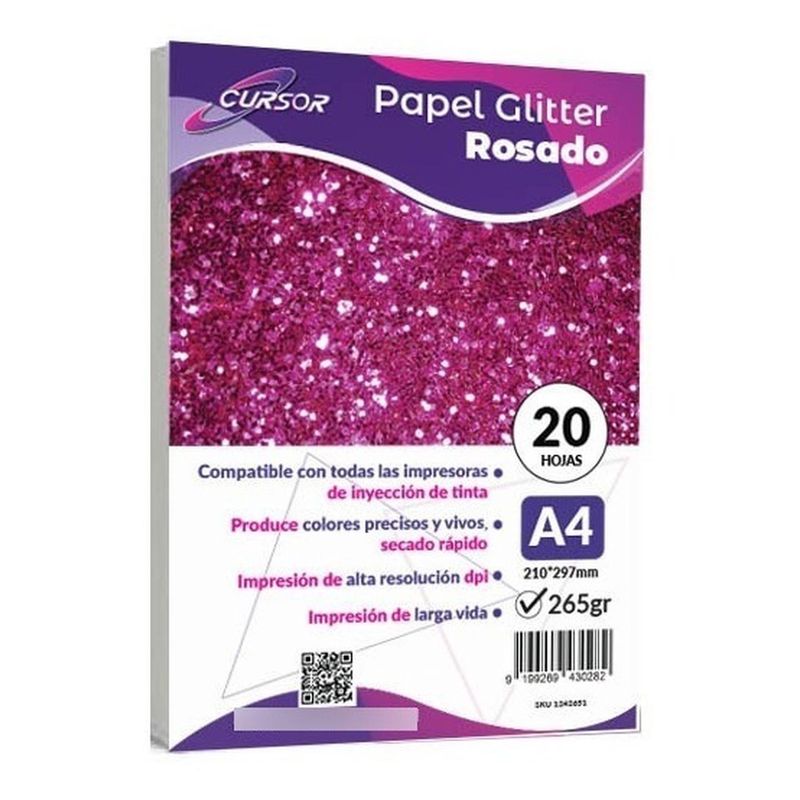 CURSOR - Papel Fotográfico Glitter Glossy Rosado 20hjs A4