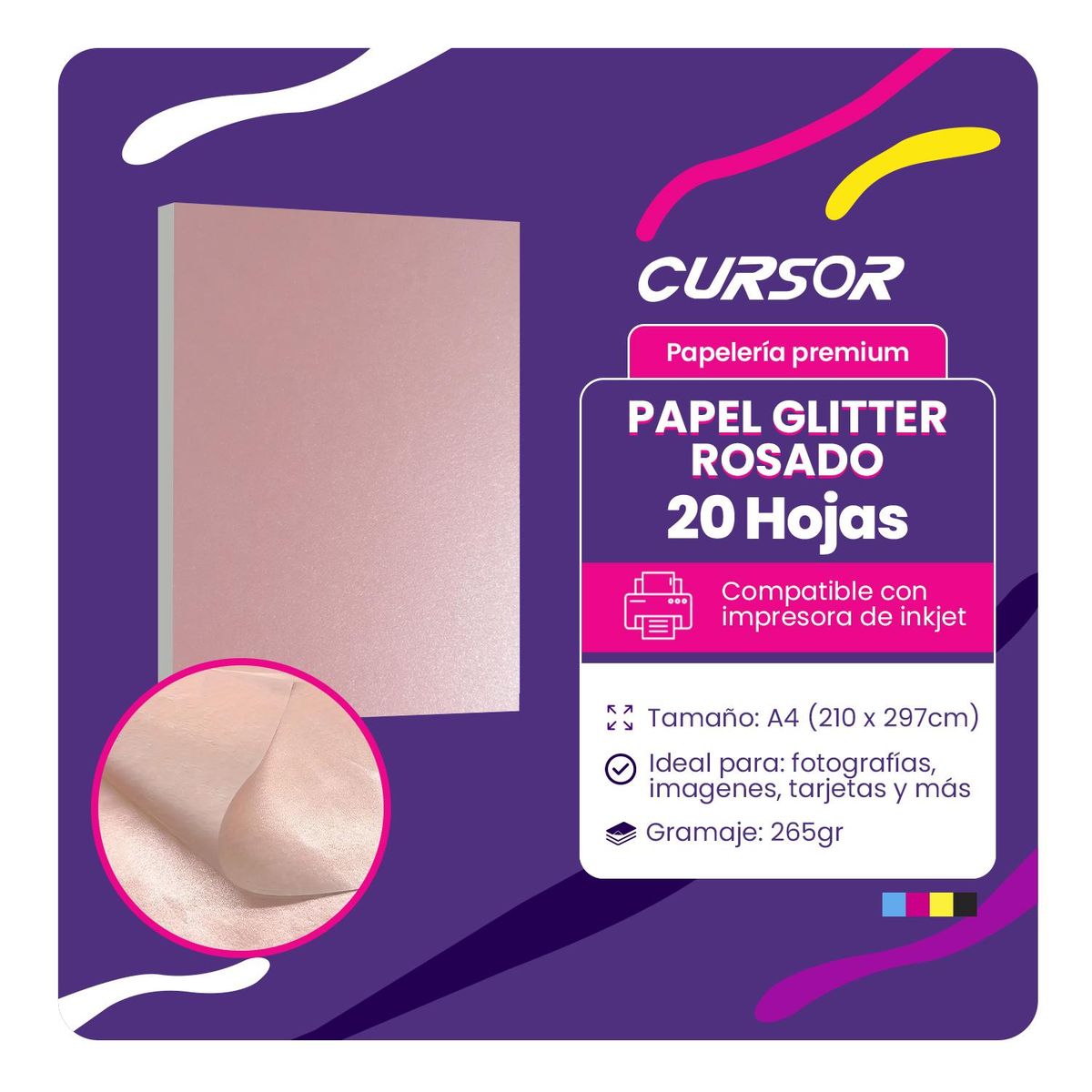 CURSOR - Papel Fotográfico Glitter Glossy Rosado 20hjs A4
