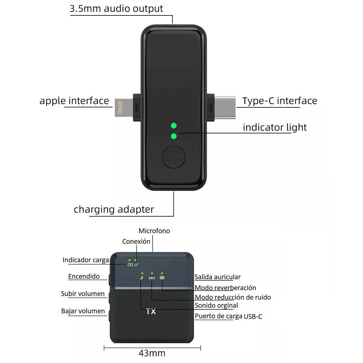 KUANGYE - Micrófono De Solapa Inalambrico Doble Compatible iPhone Y Android