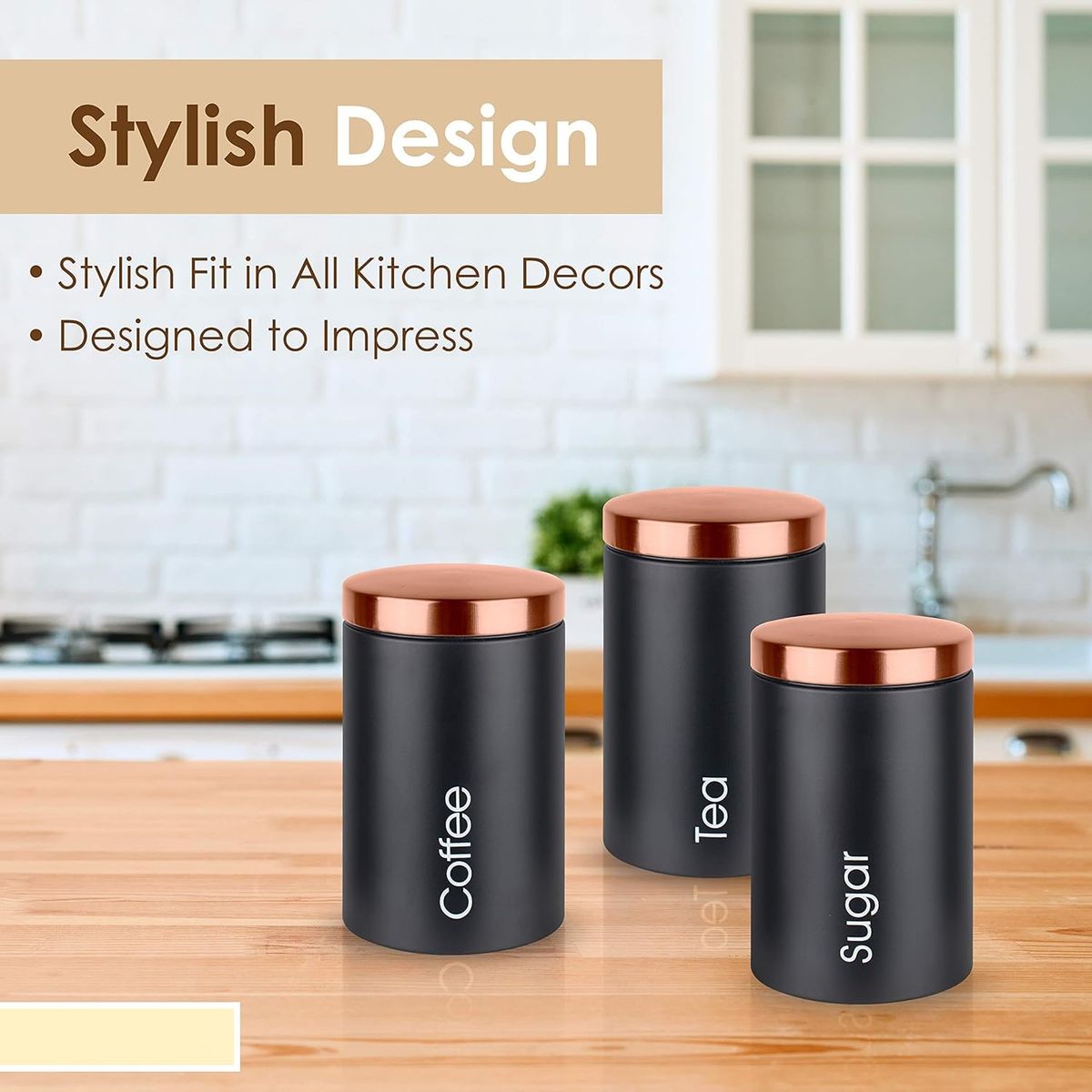 WAKESHOME - Pack X3 Frasco Hermético Negro Contenedor Cocina Azucar Café Te