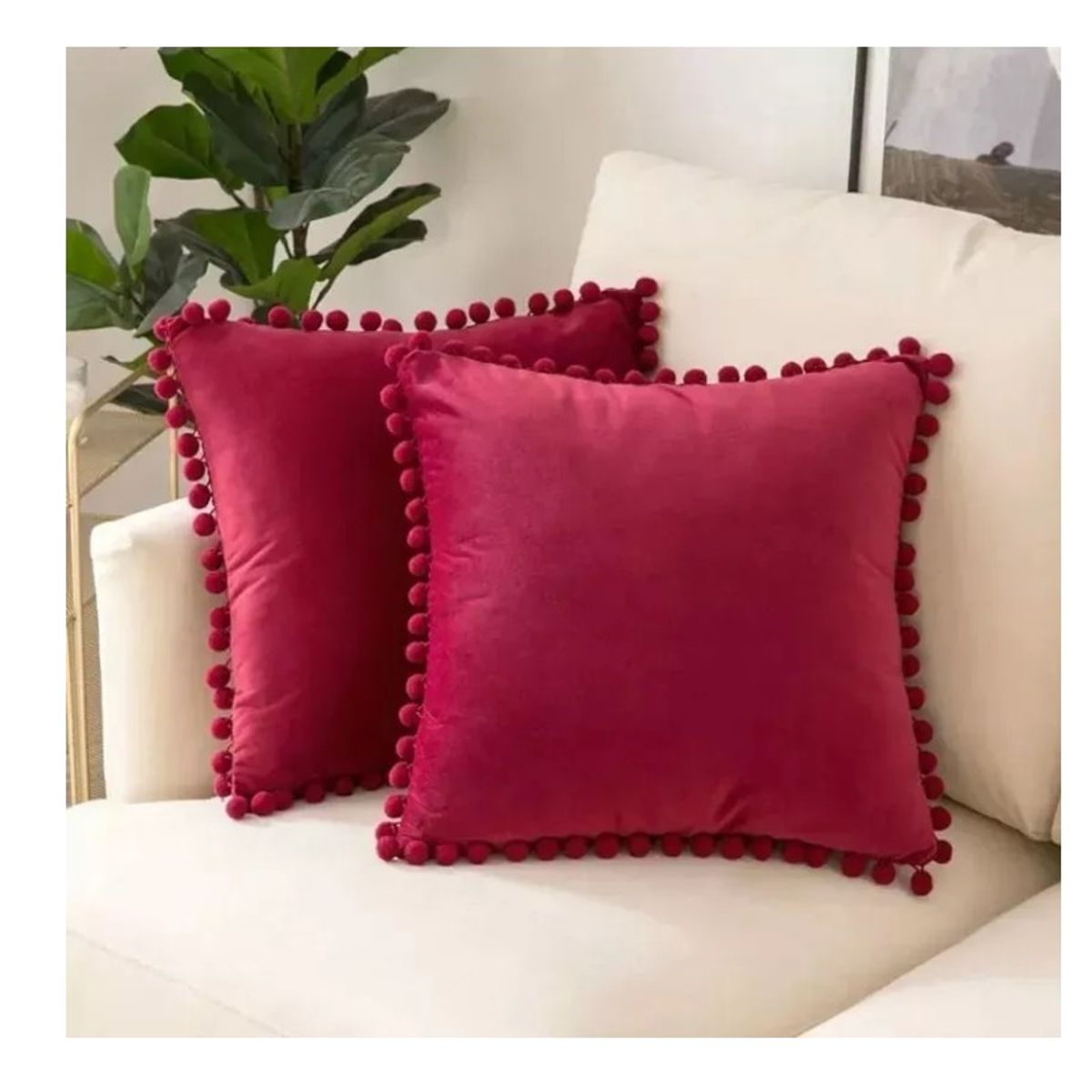 GENERICO - Pack 2 Funda Para Cojín Pompones 45x45 Burdeo