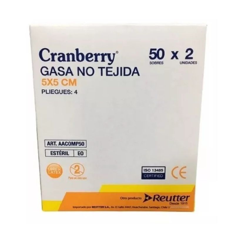 CRANBERRY - Gasa Estéril 5x5- Caja 50 Sobres X 2 Cranberry