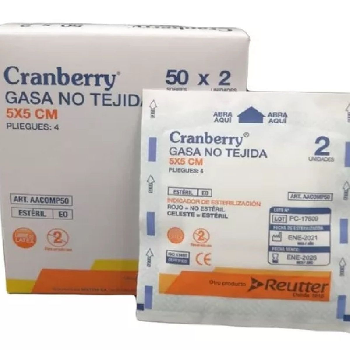CRANBERRY - Gasa Estéril 5x5- Caja 50 Sobres X 2 Cranberry