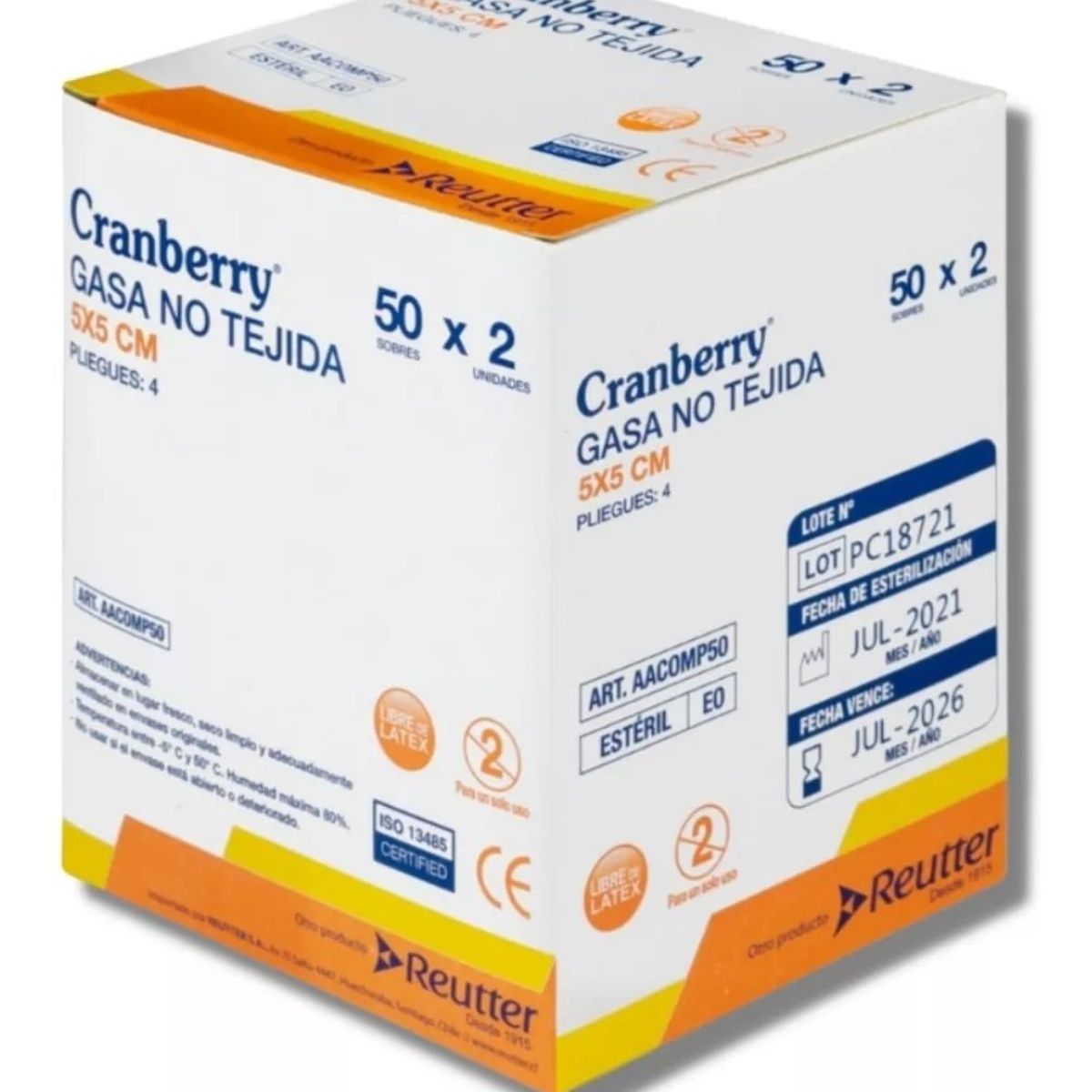 CRANBERRY - Gasa Estéril 5x5- Caja 50 Sobres X 2 Cranberry