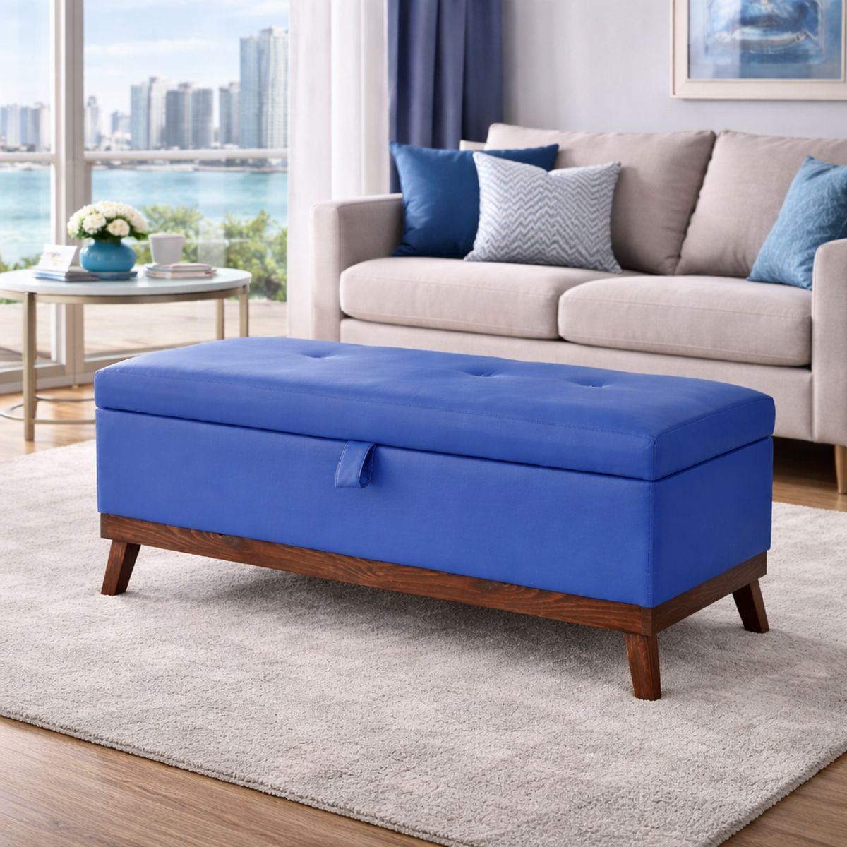 GENERICO - Banqueta con Baúl Incy Azul Eco Cuero 120x40x50 cm Máxima Design