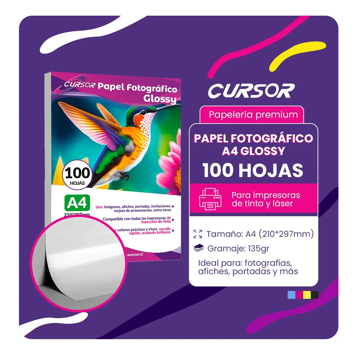 CURSOR - Papel Fotografico Glossy Brillante 135 Grs A4 100 Hojas