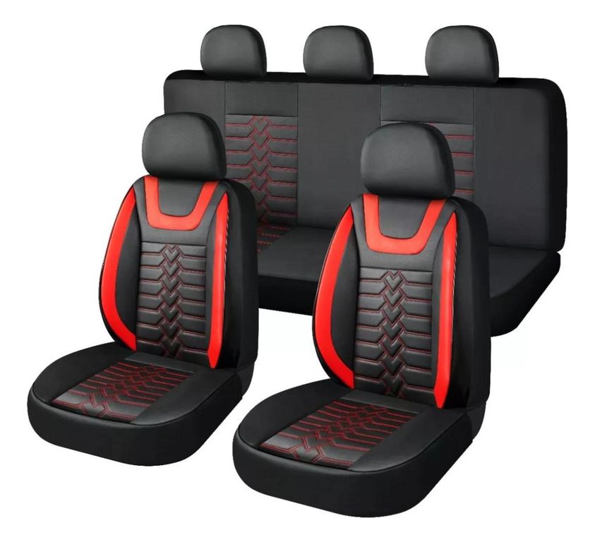 Set Fundas Cuero Cubre Asientos Automovil Completo Deluxe Rojo
