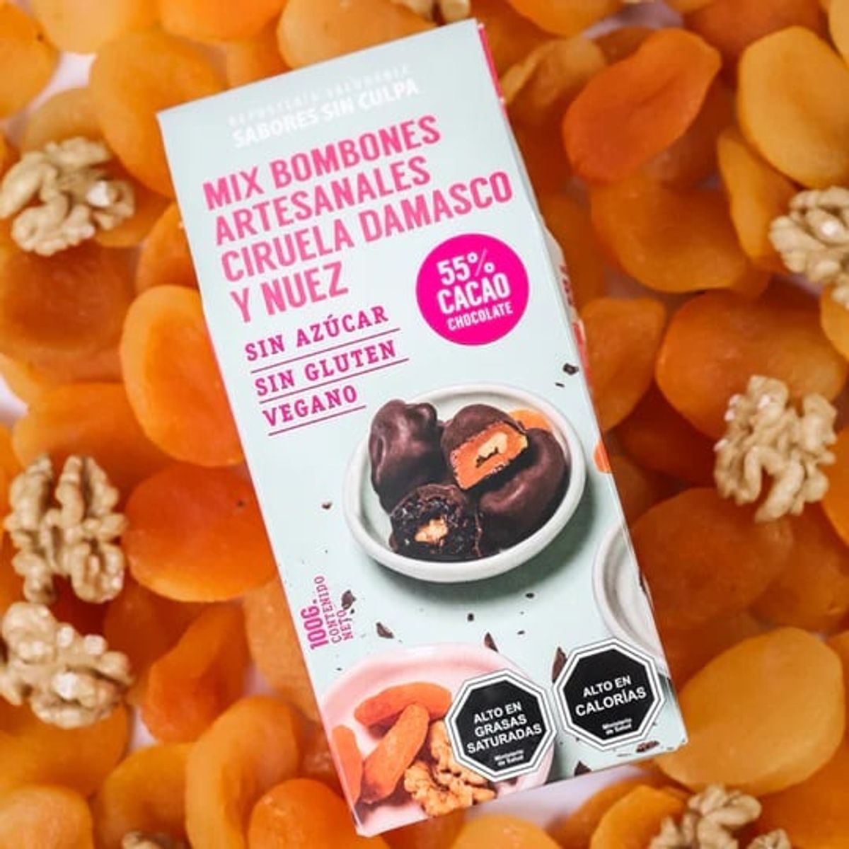 SABORES SIN CULPA - BOMBONES ARTESANALES Ciruela Damasco Nuez SABORES SIN CULPA