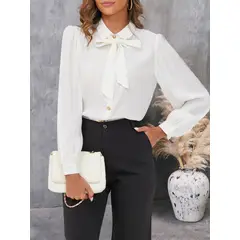 MOSS ROSE - Camisa de manga larga anudada con escote para mujer blanca