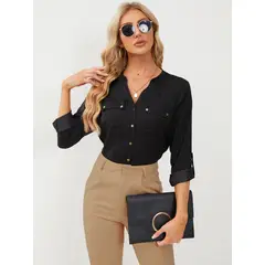 MOSS ROSE - Camisa de manga larga con botones para mujer negra