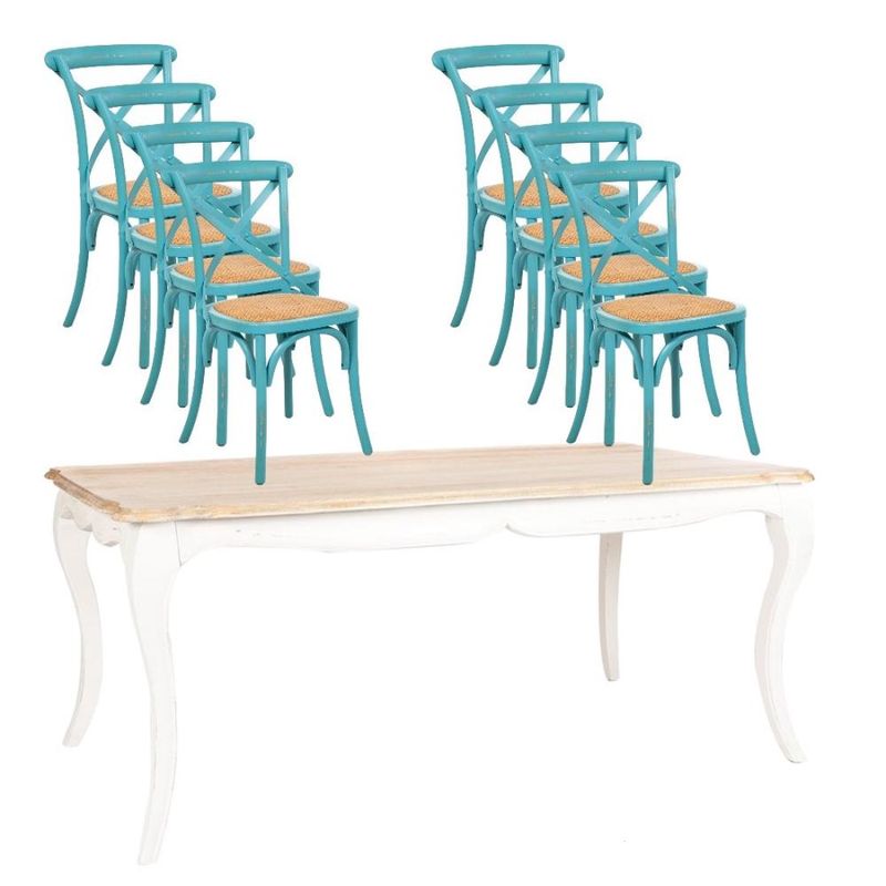 SPAZZIO - Comedor mesa Vittoria rectangular blanca + 8 sillas retro turquesa