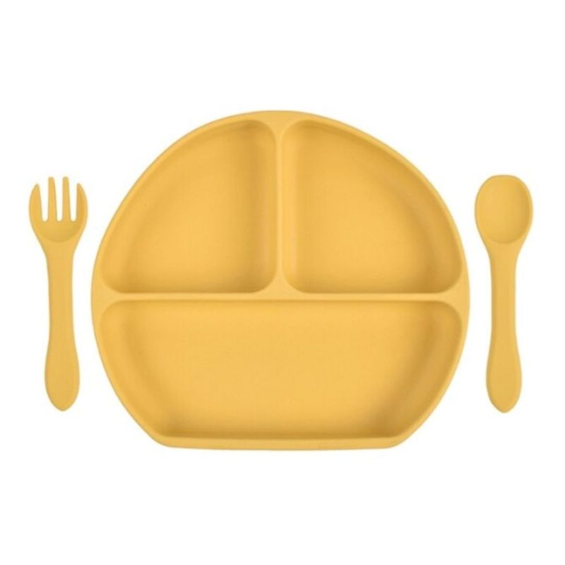 GENERICO - Plato de silicona con ventosa cuchara y tenedor amarillo