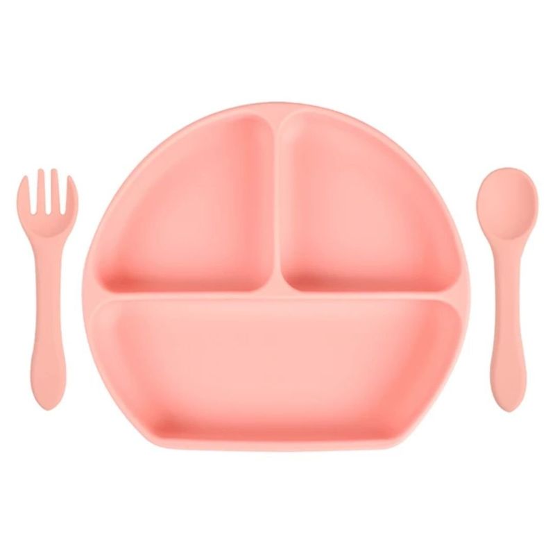 GENERICO - Plato de silicona con cuchara y tenedor rosa