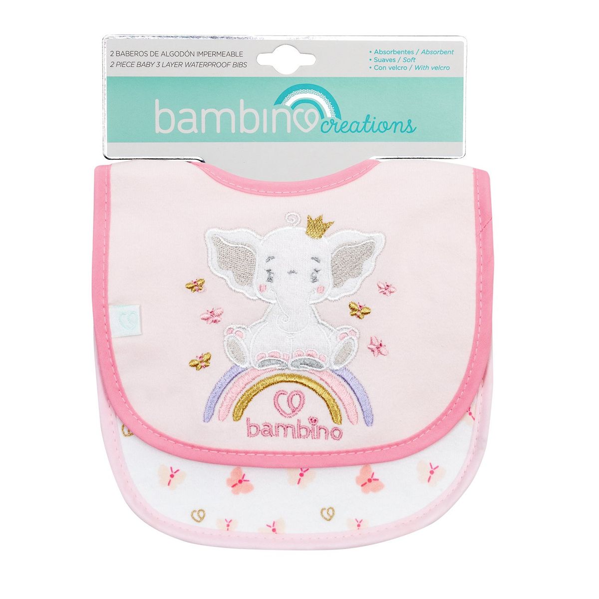 BAMBINO - Set 2 Baberos de Algodón Rosa elefante para bebé