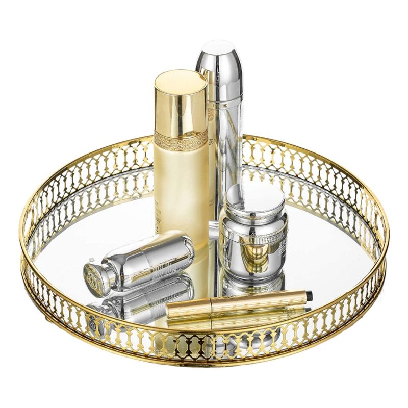 SANTU HOME & DECO - Bandeja Metálica Decoración con Espejo Dorada Circular