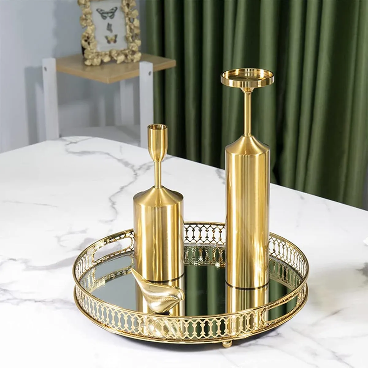 SANTU HOME & DECO - Bandeja Metálica Decoración con Espejo Dorada Circular