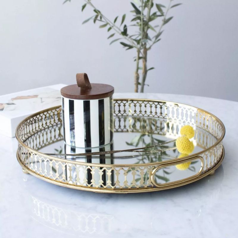 SANTU HOME & DECO - Bandeja Metálica Decoración con Espejo Dorada Circular