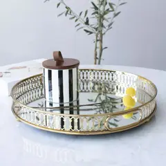 SANTU HOME & DECO - Bandeja Metálica Decoración con Espejo Dorada Circular