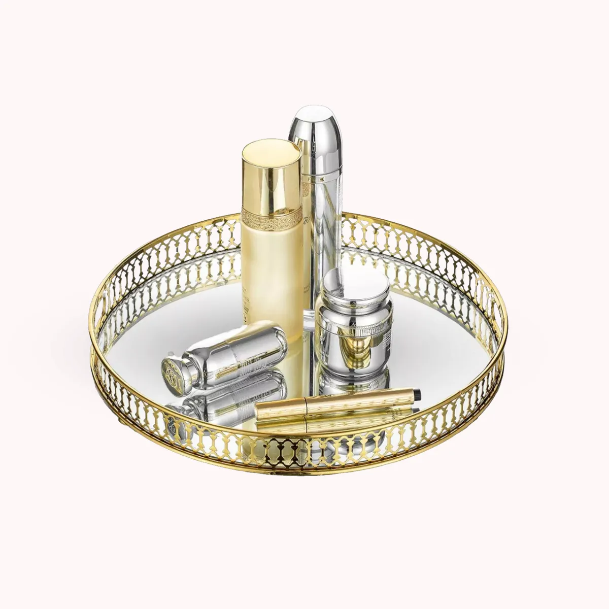 SANTU HOME & DECO - Bandeja Metálica Decoración con Espejo Dorada Circular