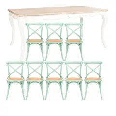 SPAZZIO - Comedor mesa Vittoria rectangular blanca + 8 sillas Retro verde agua