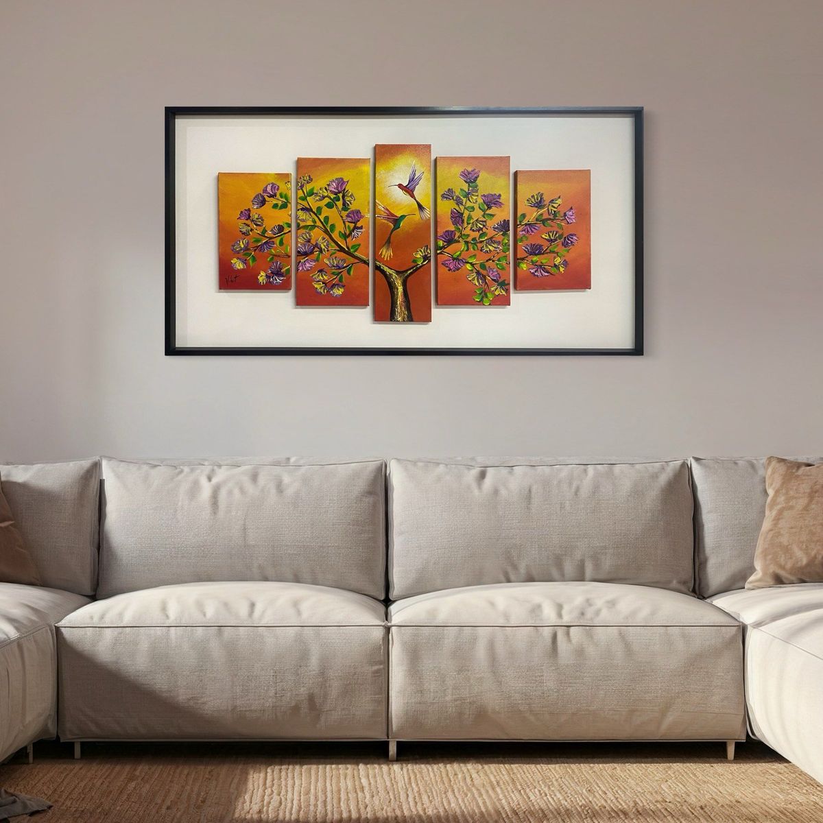 DEKAM DISEÑO - Cuadros Secuencia de 5 Colibrí Enmarcado Pintado a Mano  146x66 cms